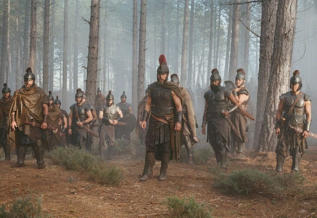 A group of ancient soldiers in bronze armor and crested helmets marches through a misty pine forest. A commanding warrior stands at the front, flanked by armed troops carrying shields and spears, while soft morning light filters through the tall trees, creating a dramatic, cinematic atmosphere.