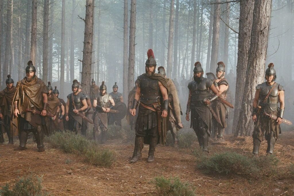 A group of ancient soldiers in bronze armor and crested helmets marches through a misty pine forest. A commanding warrior stands at the front, flanked by armed troops carrying shields and spears, while soft morning light filters through the tall trees, creating a dramatic, cinematic atmosphere.